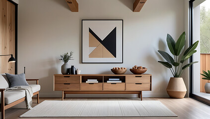 rustic modern decor features wooden drawers art poster cozy living space natural touches