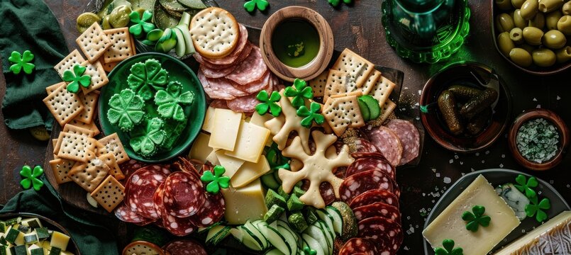 St. Patrick's Day Charcuterie Board with Shamrock Crackers and Festive Green Delights
