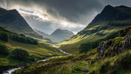 Fototapeta premium A serene valley landscape with mountains, a river, and dramatic clouds.