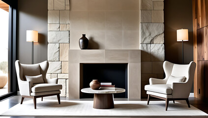 rustic modern living room features wing chair near stucco decorative stone paneling
