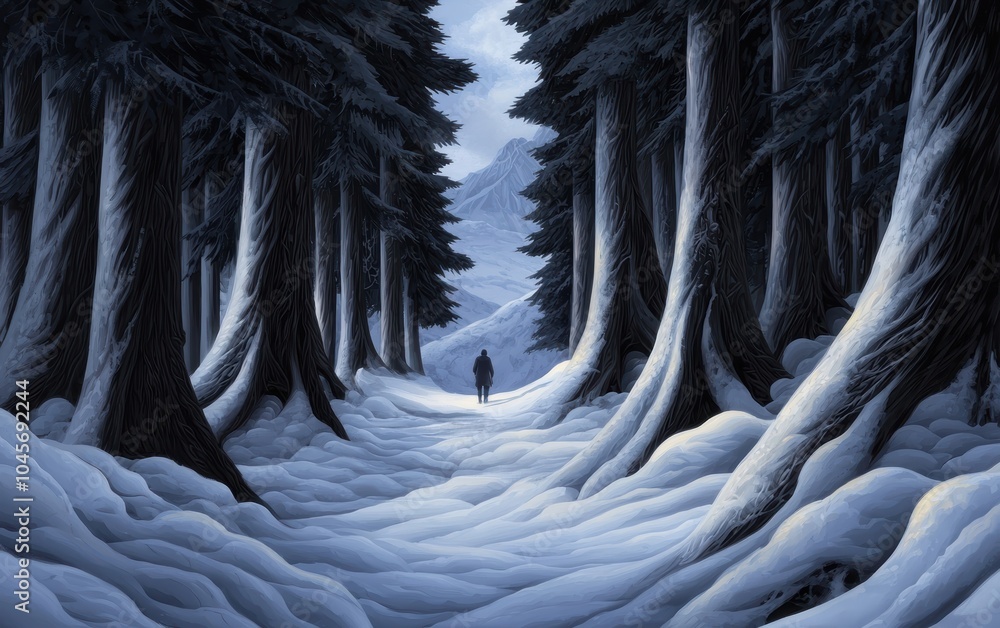 Poster a solitary figure navigates through a snow-covered forest path surrounded by towering trees and a ma