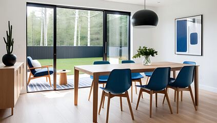 Fototapeta premium scandinavian blue chairs wooden table sit window modern dining room clean lines minimal decor