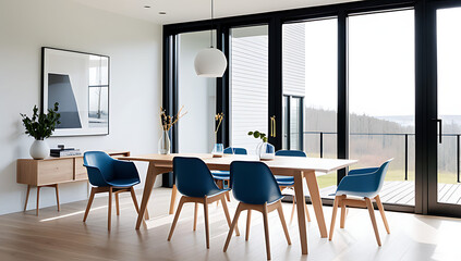 scandinavian blue chairs wooden table sit window modern dining room clean lines minimal decor