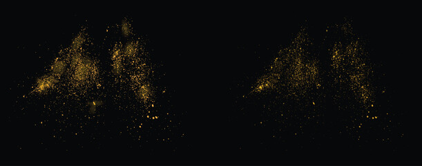 Splatter festive light effect gold glitter confetti dust background. gold glitter splatter
