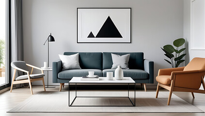 scandinavian style coffee table sits near sofa armchair wall mockup poster frame modern living room setting