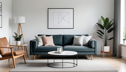 scandinavian style coffee table sits near sofa armchair wall mockup poster frame modern living room setting
