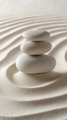 Balanced stone tower on smooth sand with gentle ripples in a tranquil environment