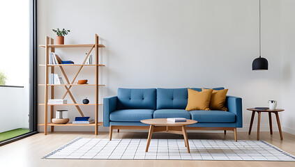 scandinavian style furniture modern living room setting features armchair wooden shelf blue sofa white walls