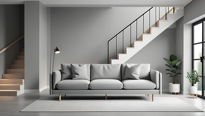 scandinavian style sofa grey room features staircase modern living space