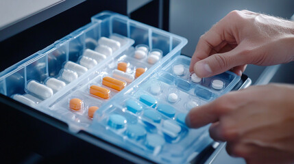 A patient taking medication from a weekly pill organizer, showcasing adherence to a schedule
