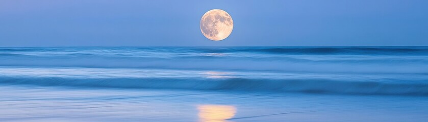 Serene full moon casting long reflections on smooth ocean waves, creating a peaceful and quiet atmosphere