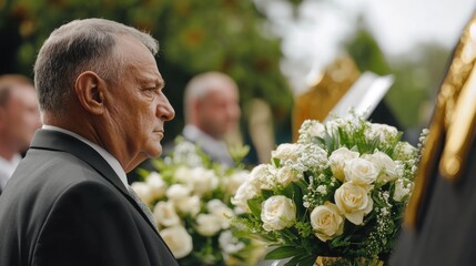 A somber funeral scene, featuring an elderly man carrying a solemn expression among white roses and green foliage, exudes quiet respect and reflection.