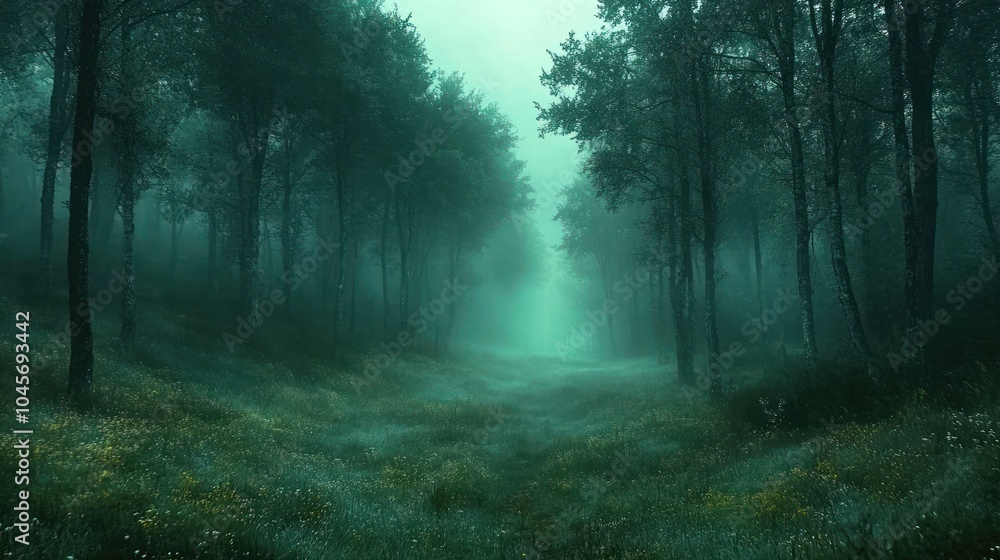 Poster a misty forest scene with dense trees and a serene pathway leading into the fog.