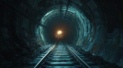 A view down a dark train tunnel with a light at the end.