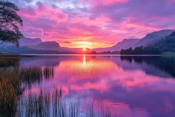 A vibrant sunset over a tranquil lake, reflecting colorful clouds and surrounding mountains.