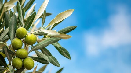 Green olives on an olive tree branch against a blue sky.