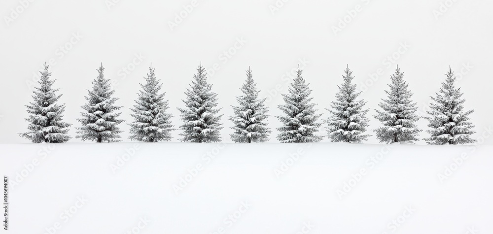 Poster A serene winter landscape featuring a row of snow-covered pine trees against a softly lit background evoking a sense of calm and tranquility in a snowy nature setting