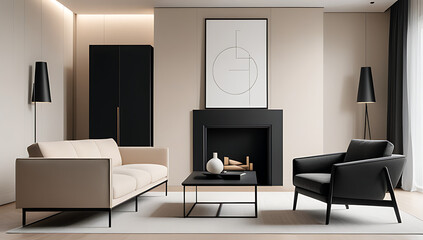 sofa chair beige near black cabinet minimalist living room decor
