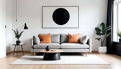 sofa near wall large poster scandinavian modern living room interior design