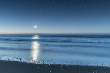 Serene moonlight reflecting off calm ocean waves, casting a soft glow on the tranquil water beneath a starry sky