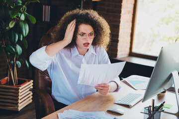 Photo of pretty curly young girl frightened stressed work papers wear formalwear business adviser...