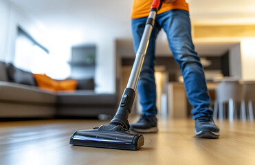 Fototapeta premium young man is using his black vacuum cleaner to clean the wooden floor of a modern home interior. He holds mobile phone in his hand while cleaning the house.