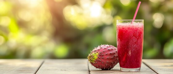 Enjoy the Vibrant Prickly Pear and Its Juice Packed with Vitamins C, B, and K, Plus Plenty of Space for Text to Highlight Its Culinary and Health Benefits