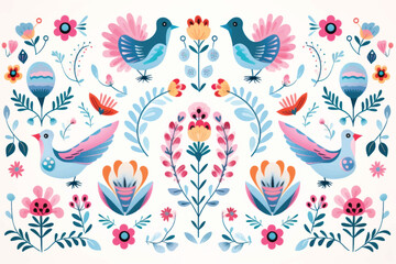 Naklejka premium Colorful birds floral folk art