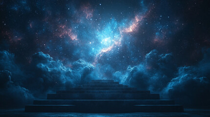 futuristic podium stands against a galaxy-inspired space backdrop, symbolizing human achievement, exploration, and our limitless potential. The vast universe emphasizes curiosity and the pursuit of kn
