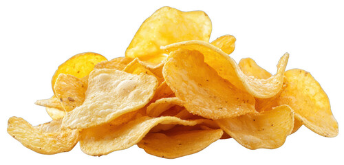 Isolated potato chips, artfully arranged, shown on a clear setting.