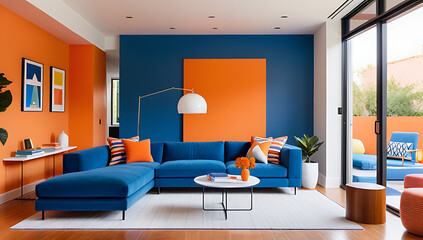 blue sofa paired orange wall colorful eclectic modern living room design