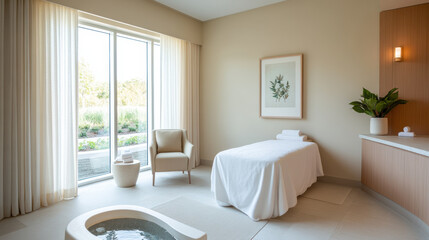 sophisticated spa lounge featuring plush seating, serene atmosphere, and natural light streaming through large windows. space is designed for relaxation and rejuvenation