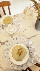 breakfast with pancakes and scrambled eggs