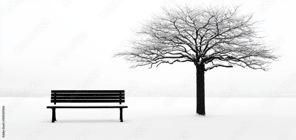 Poster solitude in winter a serene scene of a bare tree and an empty bench framed by snow-covered landscape