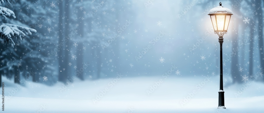 Poster a serene winter landscape featuring a snowy path and illuminated lamp post in a tranquil forest sett