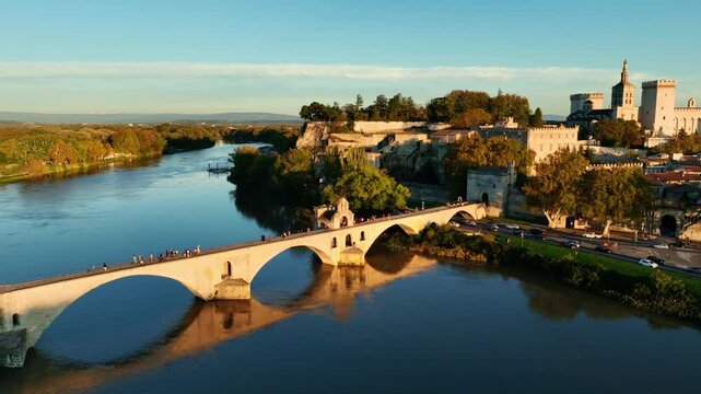 Avignon aerial view at sunset with Pont d Avignon and Palace of the Popes, the French town of Avignon on Rhone river in Provence, medieval architecture in the south of France
