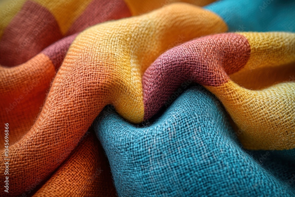 Poster a close-up of colorful, textured fabric showcasing vibrant hues and intricate weave patterns.