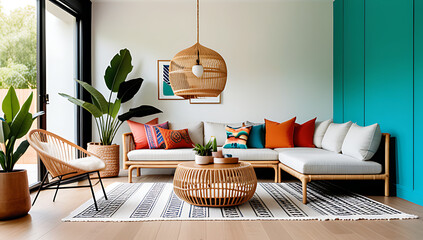 Fototapeta premium vibrant bohemian style combines wicker furniture modern elements cozy living space
