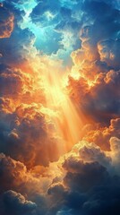 Fototapeta premium Radiant beams of sunlight breaking through dark storm clouds in a dramatic sky during the day