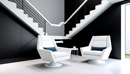 white armchairs sit modern staircase rendered room design