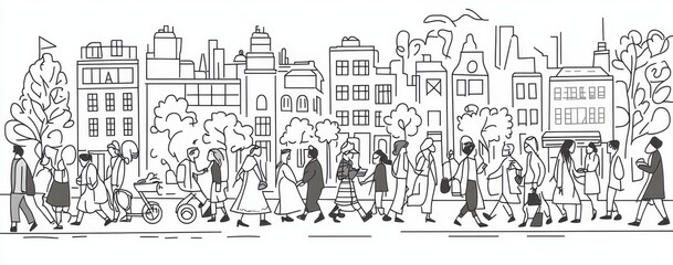 Obraz premium A black and white line drawing of people in the street, with simple lines and a flat design The crowd is walking on the streets, depicting a busy city life with diverse characters Generative AI