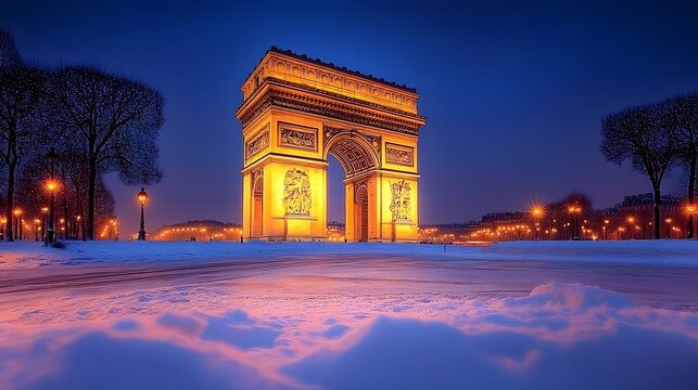 The majestic Arc de Triomphe illuminated at night amidst a snowy landscape.