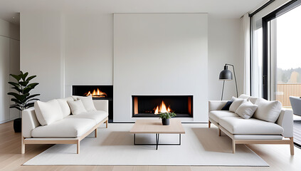 Fototapeta premium white sofas scandinavian style fireplace modern living room neutral color palette clean lines home always
