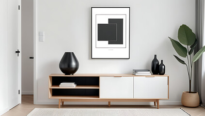 white wall features wooden cabinet book display near large poster modern scandinavian living room interior design