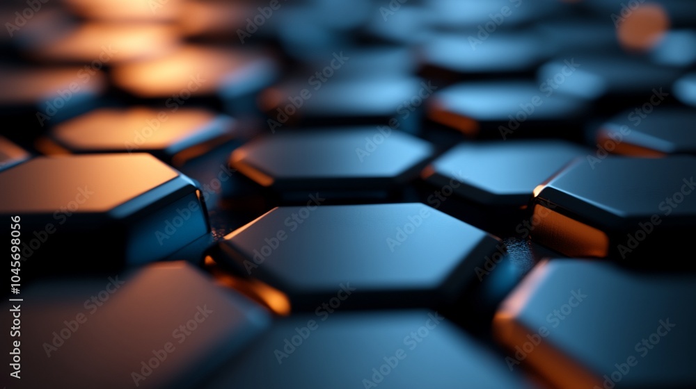 Poster abstract hexagonal pattern with blue and orange lighting.