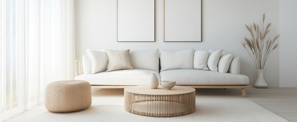 Minimalist white living room with natural wood accents, sunlight through curtains, modern Scandinavian-inspired furniture design for a cozy and serene home interior.