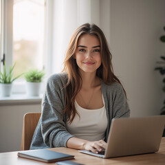 A young, professional woman sitting at a wooden desk with a laptop in front of her.
