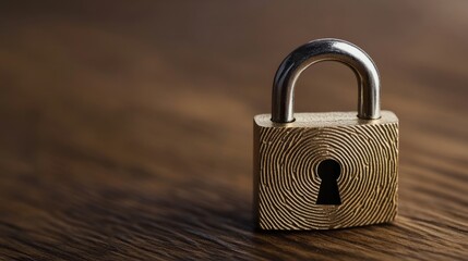A padlock with a fingerprint design rests on a wooden surface, symbolizing security and personalized protection.