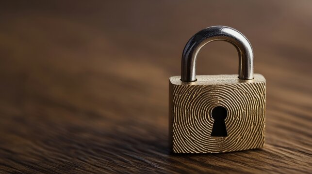 A padlock with a fingerprint design rests on a wooden surface, symbolizing security and personalized protection.
