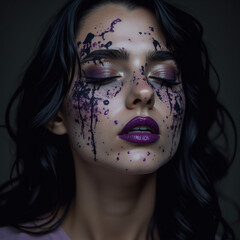 Close-up portrait of a young woman with deep purple ink dripping on her face and makeup smudges.